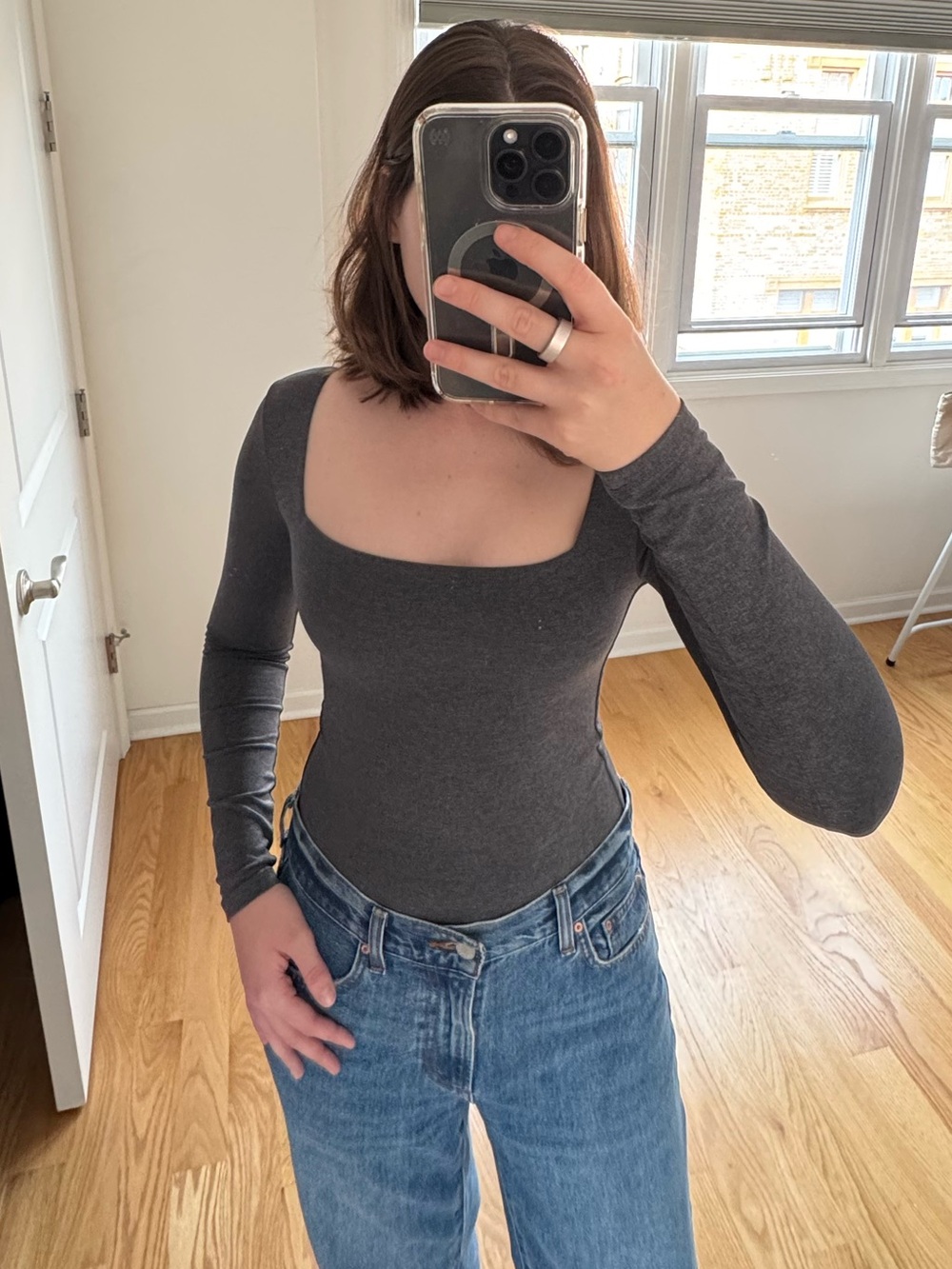 Aritzia Babton Charcoal Gray Square Neck Long Sleeve Bodysuit